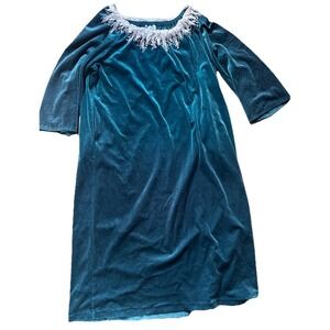 VTG 80's Dana Jeffries‎ Robe Loungewear Teal Velour Lace Neckline